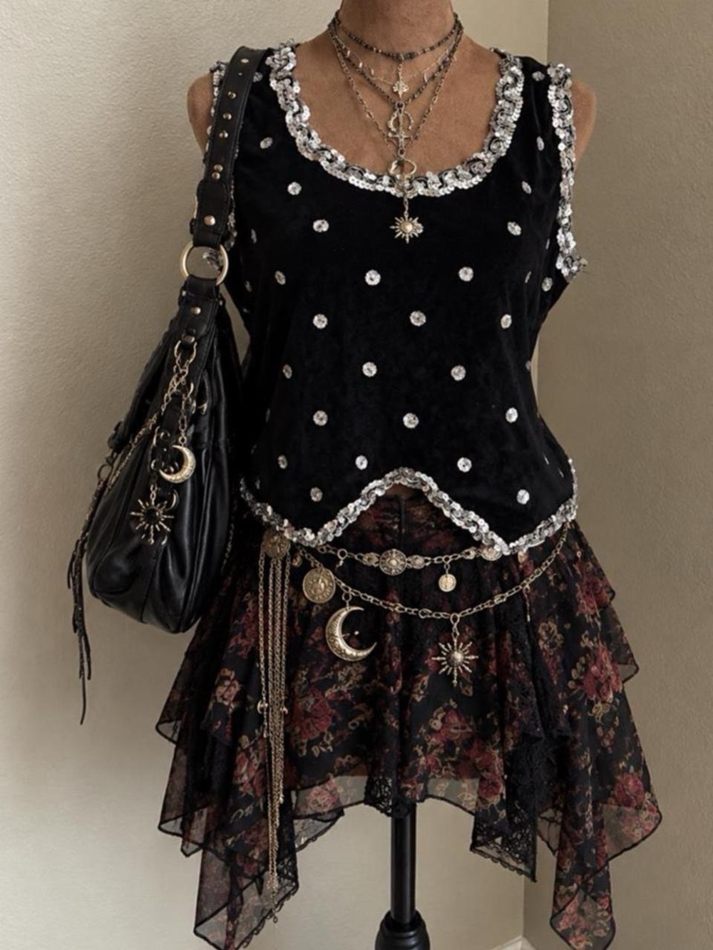 Vintage black vest with silver glitter polka dot with silver sequin trim.